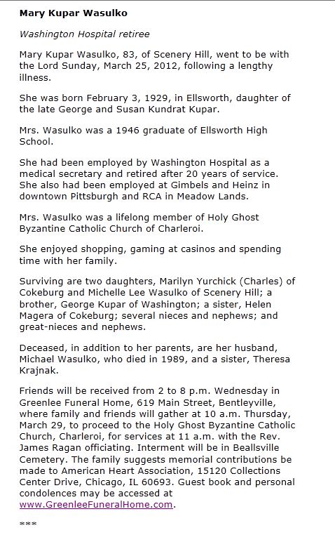 Mary Kupar Wasulko obit